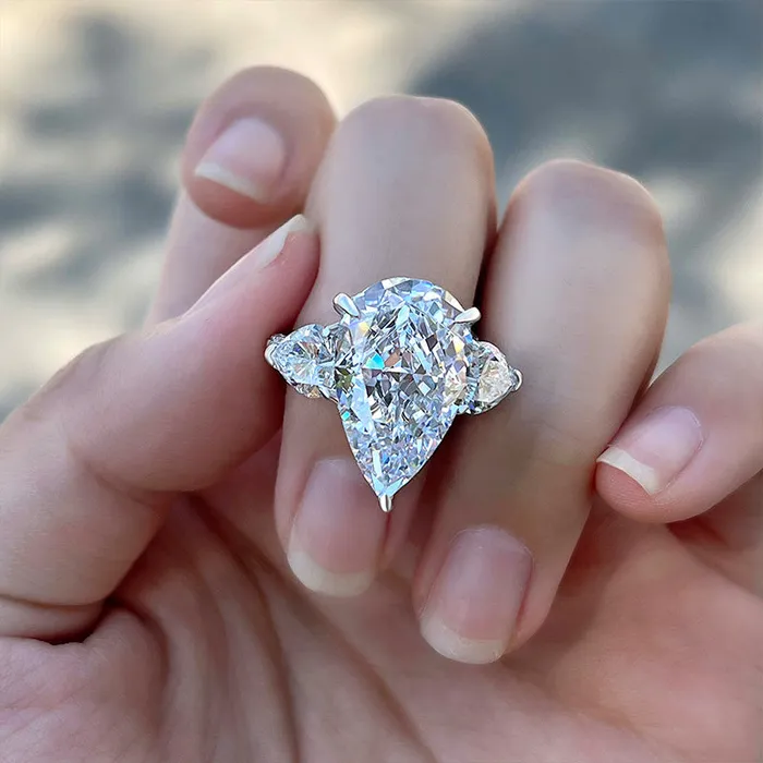 Rings Three Stone Pear Cut Engagement Ring In Sterling Silver shineofdiamond
