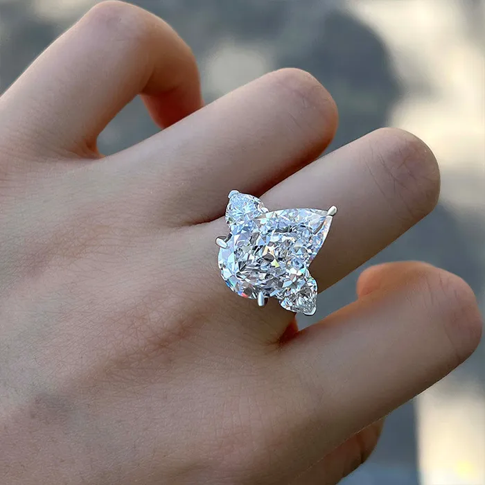 Rings Three Stone Pear Cut Engagement Ring In Sterling Silver shineofdiamond