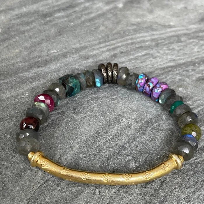 Riverstone Bracelets Labradorite and Chrysocolla Cube Beaded Bracelet