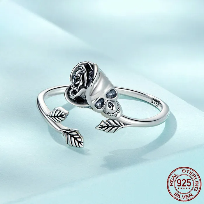 shine of diamond Rings Halloween Rose skeleton Sterling Silver Open Ring