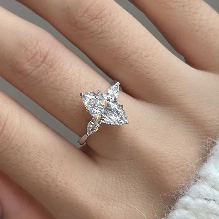Shineofdiamond Dainty Three Stone Marquise Cut Sterling Silver Engagement Ring Rings