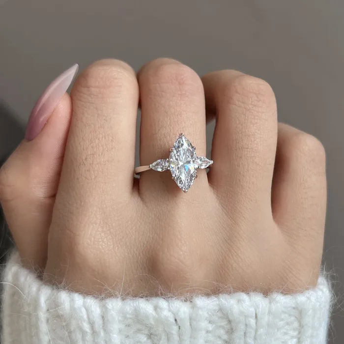Shineofdiamond Dainty Three Stone Marquise Cut Sterling Silver Engagement Ring Rings