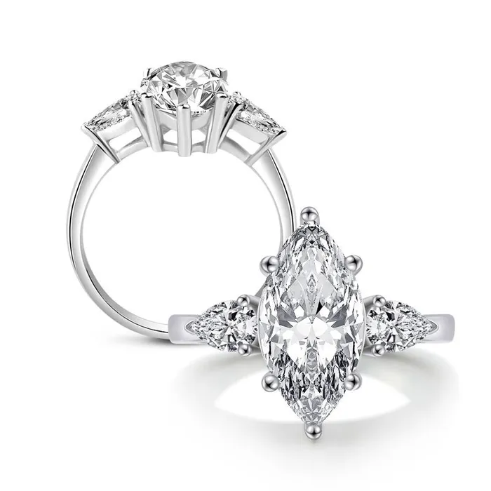 Shineofdiamond Dainty Three Stone Marquise Cut Sterling Silver Engagement Ring Rings
