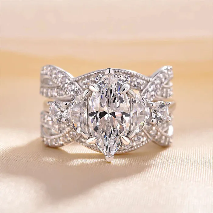 Shineofidamond Rings Gorgeous Marquise Cut Insert Bridal Set For Women In Sterling Silver