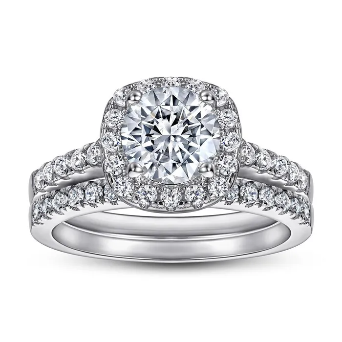 Shineofidamond Rings Halo Round Cut Sterling Silver Double Band Bridal Set