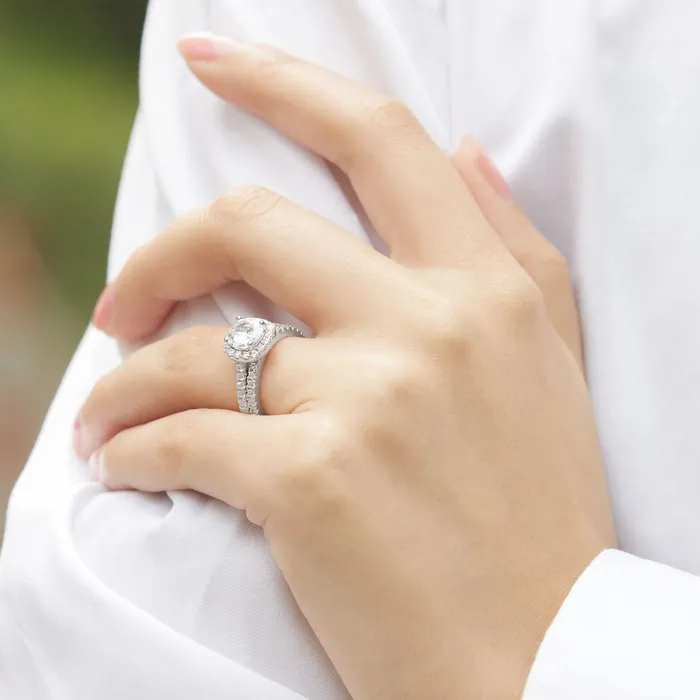 Shineofidamond Rings Halo Round Cut Sterling Silver Double Band Bridal Set Shineofidamond Rings Halo Round Cut Sterling Silver Double Band Bridal Set