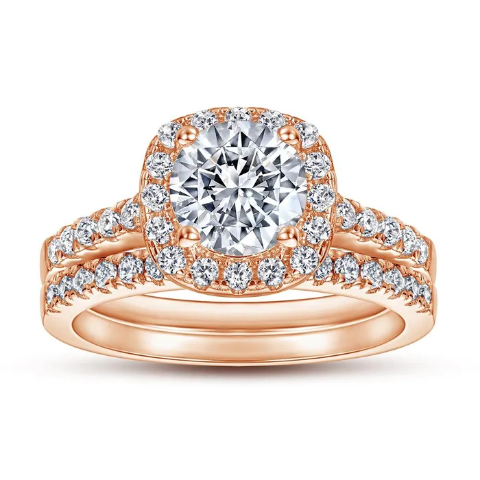 Shineofidamond Rings Halo Round Cut Sterling Silver Double Band Bridal Set Shineofidamond Rings Halo Round Cut Sterling Silver Double Band Bridal Set