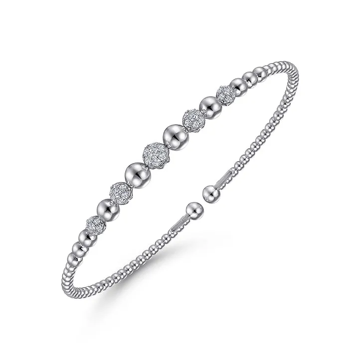 14K White Gold Bujukan Bead Cuff Bracelet with Pave Diamond Stations GABRIEL CO Bracelets 14K White Gold Bujukan Bead Cuff Bracelet with Pave Diamond Stations GABRIEL CO Bracelets