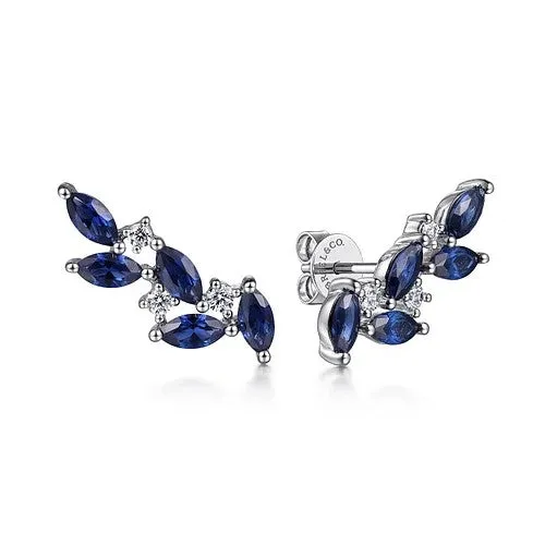 14K White Gold Diamond and Blue Sapphire Olive Branch Climber Earrings GABRIEL CO Earrings 14K White Gold Diamond and Blue Sapphire Olive Branch Climber Earrings GABRIEL CO Earrings