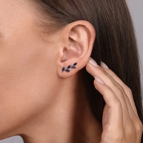 14K White Gold Diamond and Blue Sapphire Olive Branch Climber Earrings GABRIEL CO Earrings 14K White Gold Diamond and Blue Sapphire Olive Branch Climber Earrings GABRIEL CO Earrings