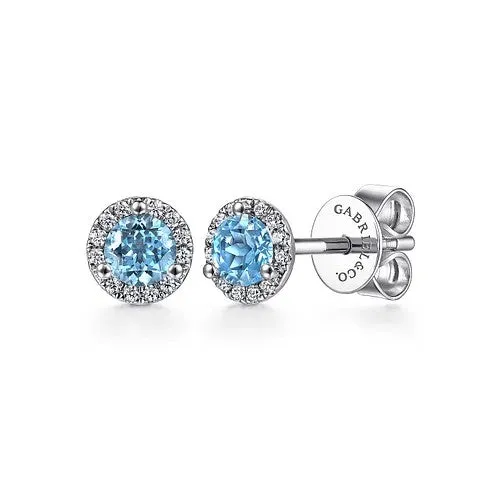 14K White Gold Diamond Halo Swiss Blue Topaz Stud Earrings GABRIEL CO Earrings