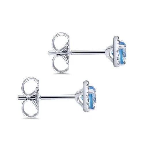 14K White Gold Diamond Halo Swiss Blue Topaz Stud Earrings GABRIEL CO Earrings