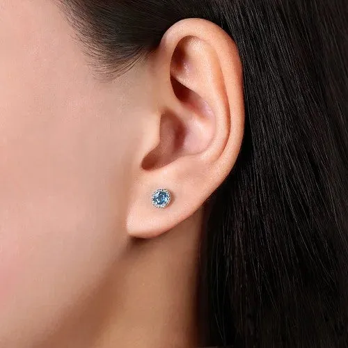 14K White Gold Diamond Halo Swiss Blue Topaz Stud Earrings GABRIEL CO Earrings