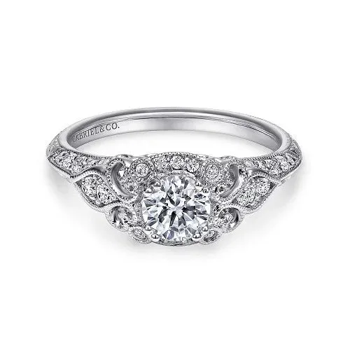 Abel Unique 14K White Gold Vintage Inspired Diamond Halo Engagement Ring Setting Only GABRIEL CO Rings Abel Unique 14K White Gold Vintage Inspired Diamond Halo Engagement Ring Setting Only GABRIEL CO Rings