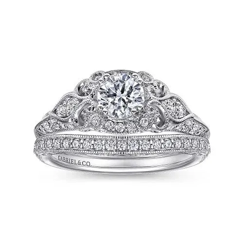 Abel Unique 14K White Gold Vintage Inspired Diamond Halo Engagement Ring Setting Only GABRIEL CO Rings Abel Unique 14K White Gold Vintage Inspired Diamond Halo Engagement Ring Setting Only GABRIEL CO Rings
