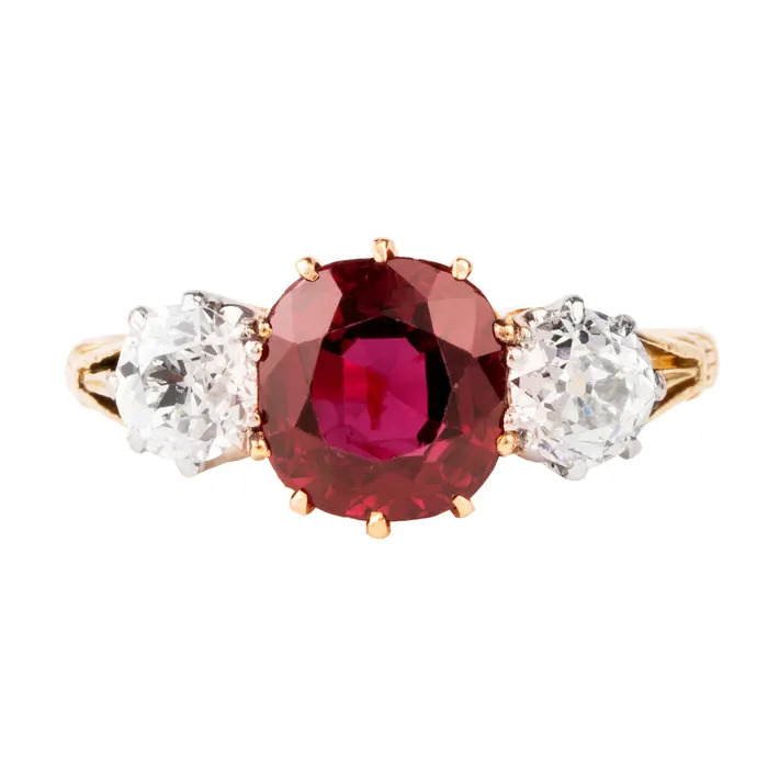 Antique Ruby and Diamond ThreeStone Ring Bell Bird Antiques Rings