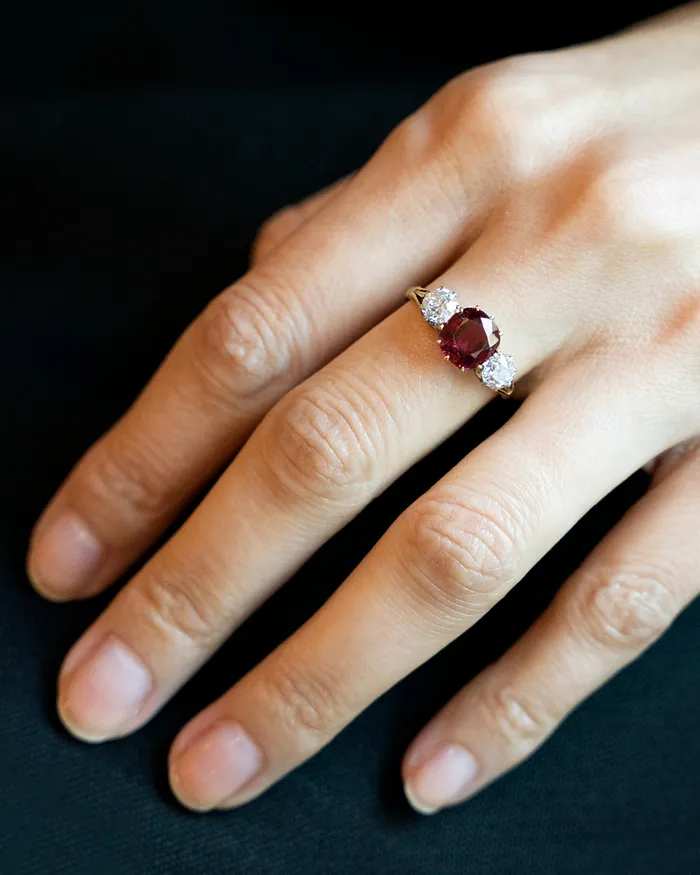 Antique Ruby and Diamond ThreeStone Ring Bell Bird Antiques Rings