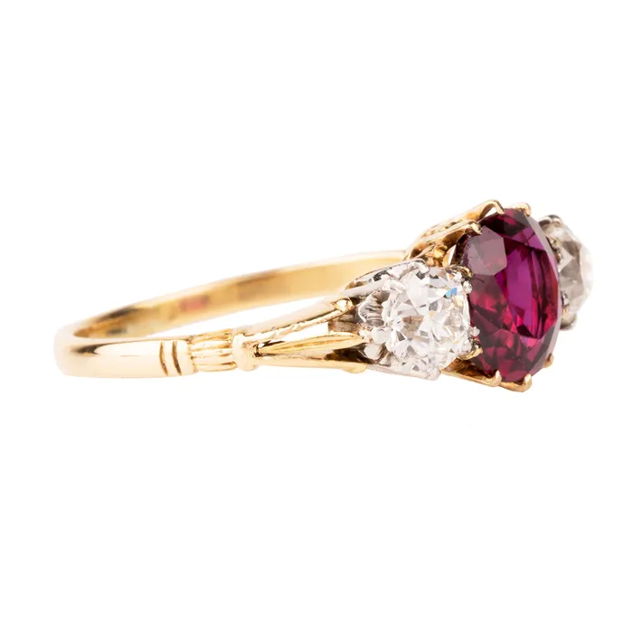 Antique Ruby and Diamond ThreeStone Ring Bell Bird Antiques Rings