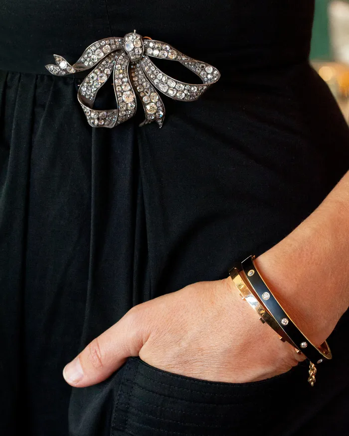 Bell Bird Antiques Bracelets Turn of the Century Black Enamel and Diamond Bangle