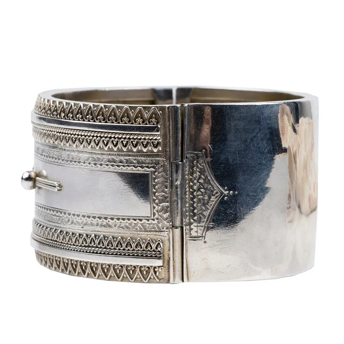 Bell Bird Antiques Bracelets Victorian Era Sterling Silver Shirt Button Bangle