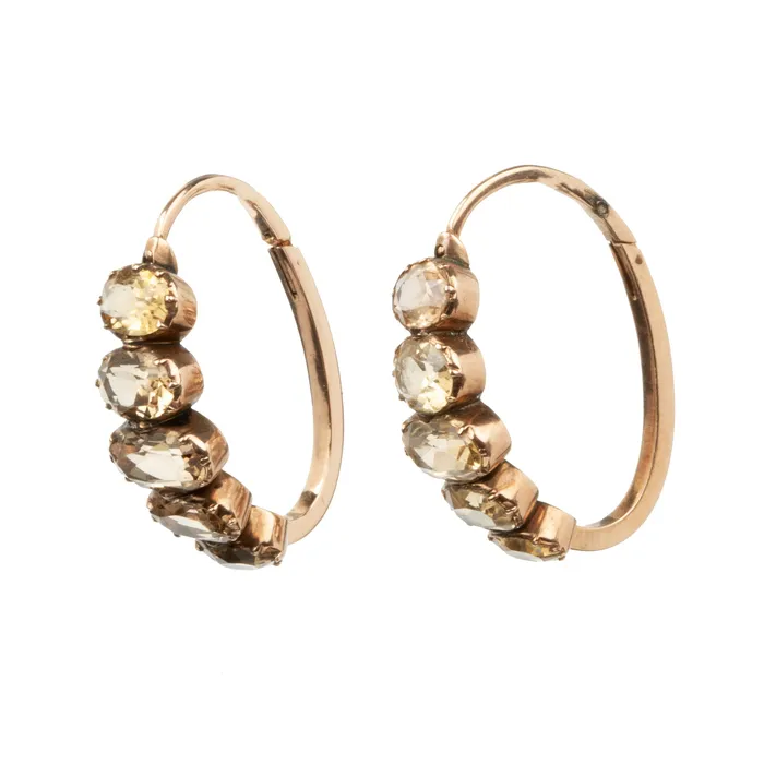 Bell Bird Antiques Earrings Early 19th Century Elongated Gold Hoop Earrings with Topaz Bell Bird Antiques Earrings Early 19th Century Elongated Gold Hoop Earrings with Topaz
