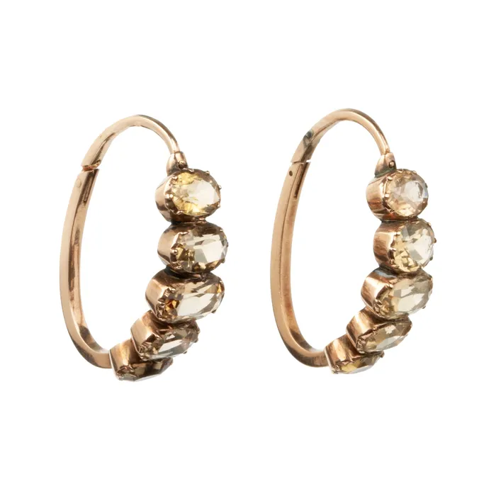 Bell Bird Antiques Earrings Early 19th Century Elongated Gold Hoop Earrings with Topaz