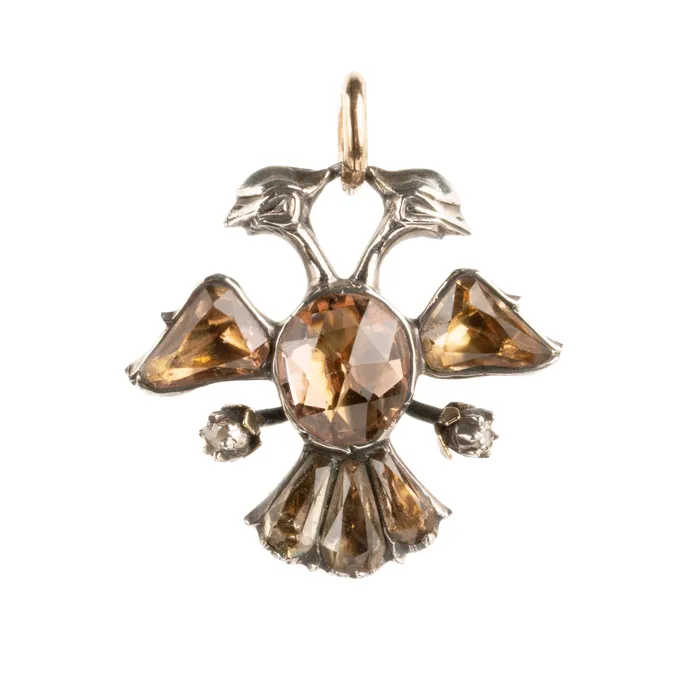 Bell Bird Antiques Necklaces 18th Century Iberian Precious Topaz Double Headed Eagle Pendant Bell Bird Antiques Necklaces 18th Century Iberian Precious Topaz Double Headed Eagle Pendant