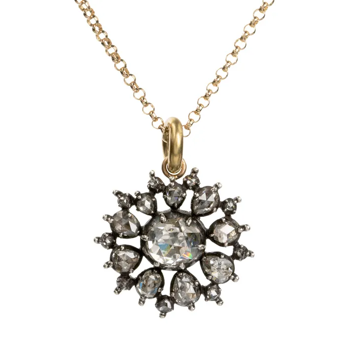 Bell Bird Antiques Necklaces 19th Century Rose Cut Diamond Cluster Pendant Bell Bird Antiques Necklaces 19th Century Rose Cut Diamond Cluster Pendant