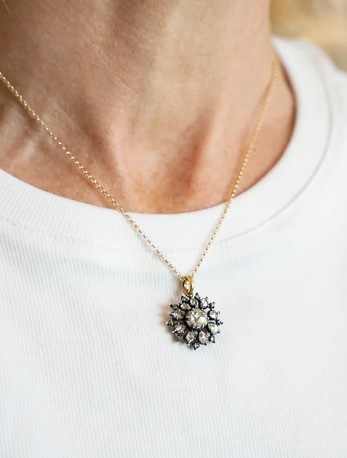 Bell Bird Antiques Necklaces 19th Century Rose Cut Diamond Cluster Pendant