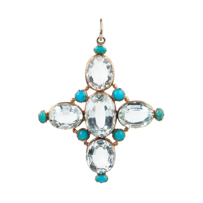 Bell Bird Antiques Necklaces Georgian Era Aquamarine and Turquoise Cruciform Pendant Bell Bird Antiques Necklaces Georgian Era Aquamarine and Turquoise Cruciform Pendant