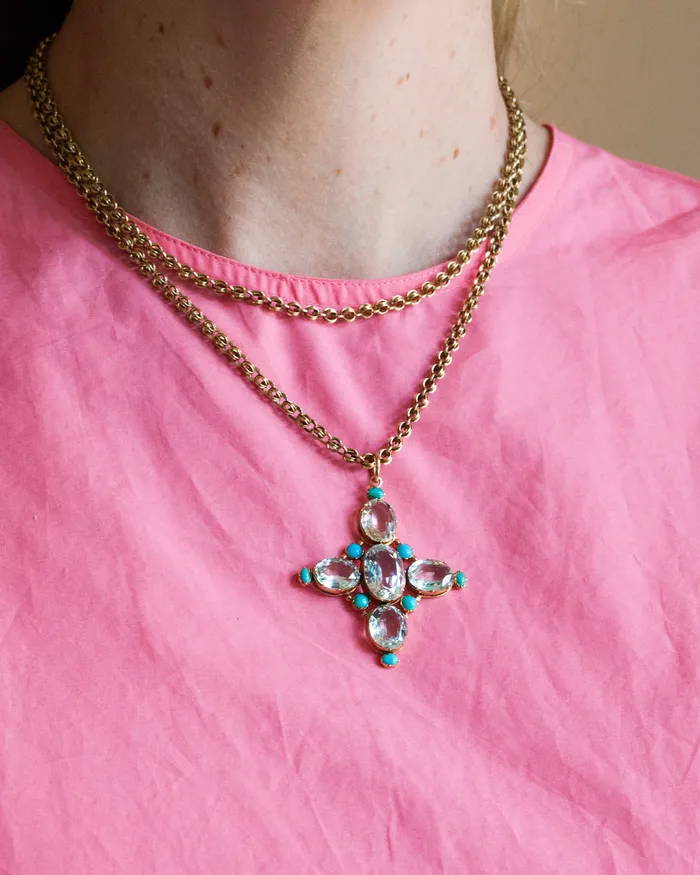 Bell Bird Antiques Necklaces Georgian Era Aquamarine and Turquoise Cruciform Pendant