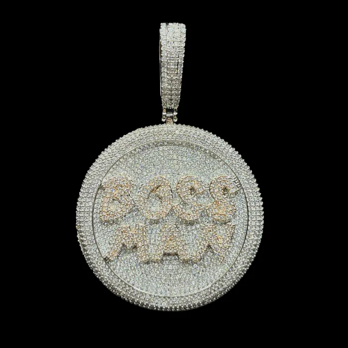 Boss Man Two Tone Round Iced Out Letter Diamond Pendant Necklace Boss Man Necklaces Boss Man Two Tone Round Iced Out Letter Diamond Pendant Necklace Boss Man Necklaces