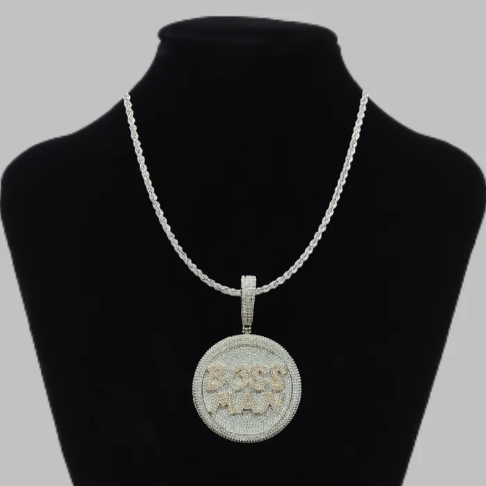 Boss Man Two Tone Round Iced Out Letter Diamond Pendant Necklace Boss Man Necklaces