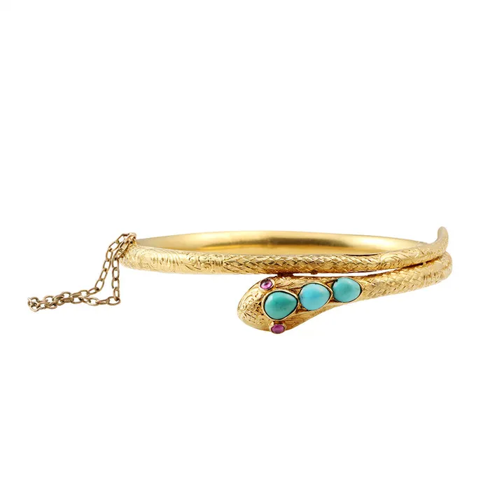 Bracelets Bell Bird Antiques Victorian Gold Snake Bangle with Turquoise Rubies Bracelets Bell Bird Antiques Victorian Gold Snake Bangle with Turquoise Rubies