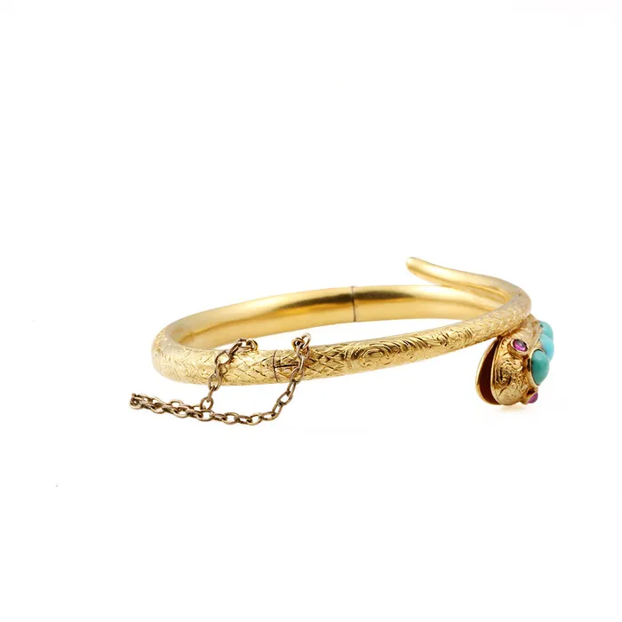 Bracelets Bell Bird Antiques Victorian Gold Snake Bangle with Turquoise Rubies