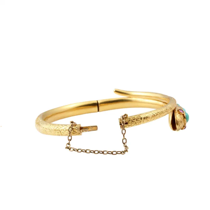 Bracelets Bell Bird Antiques Victorian Gold Snake Bangle with Turquoise Rubies