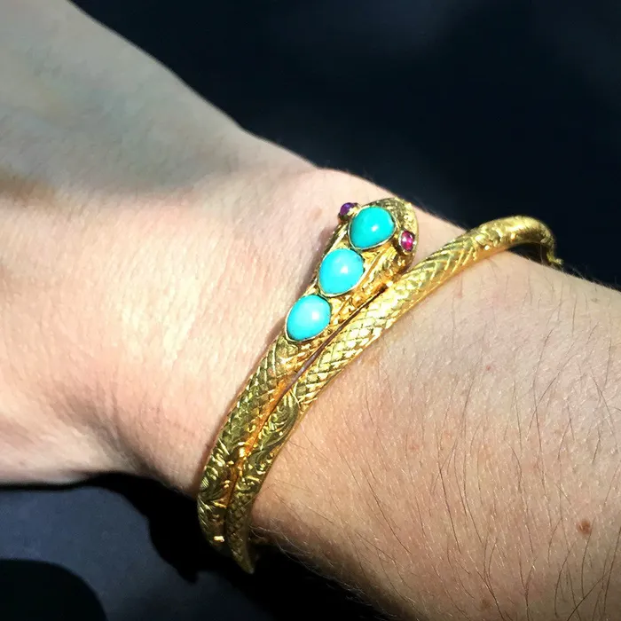 Bracelets Bell Bird Antiques Victorian Gold Snake Bangle with Turquoise Rubies