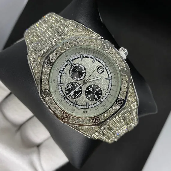 Chronograph Watches Date Blacked Chronograph Iced Out Diamond Watch