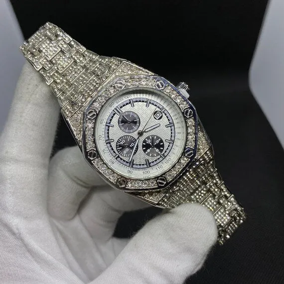 Chronograph Watches Date Blacked Chronograph Iced Out Diamond Watch