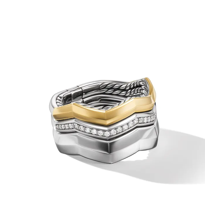 David Yurman Rings Zig Zag Stax Three Row Ring in Sterling Silver with 18K Yellow Gold and Diamonds 117mm David Yurman Rings Zig Zag Stax Three Row Ring in Sterling Silver with 18K Yellow Gold and Diamonds 117mm