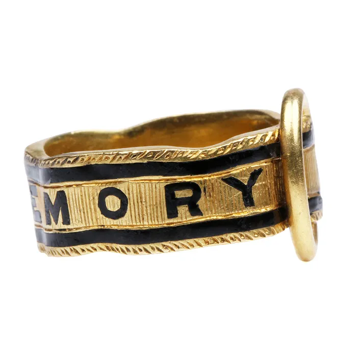 Early Victorian Black Enamel Mourning Buckle Ring Bell Bird Antiques Rings