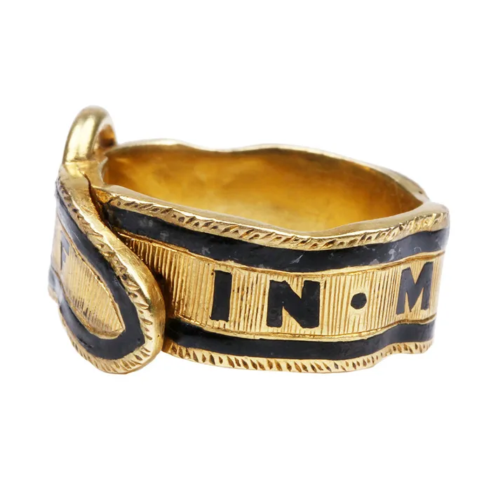 Early Victorian Black Enamel Mourning Buckle Ring Bell Bird Antiques Rings