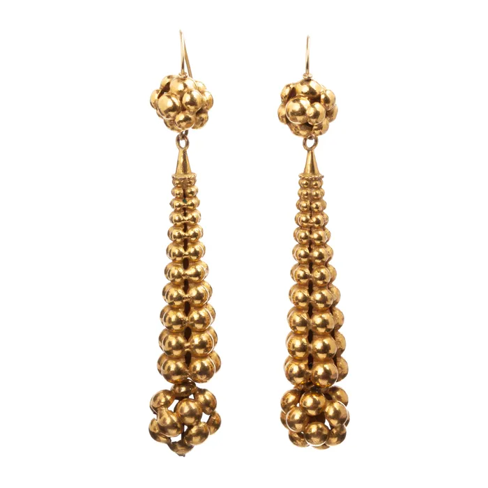 Earrings Victorian Era Gilded Torpedo Earrings Bell Bird Antiques