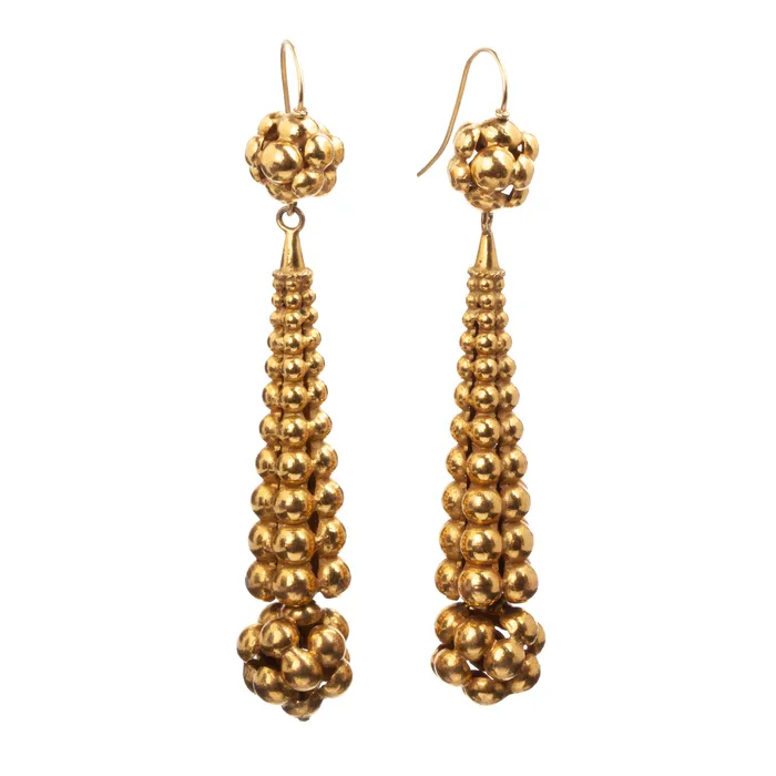 Earrings Victorian Era Gilded Torpedo Earrings Bell Bird Antiques