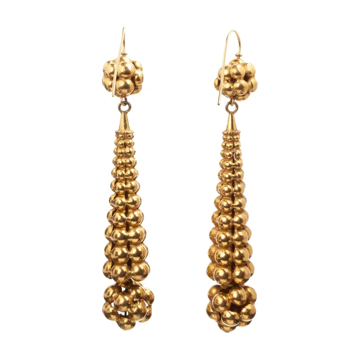 Earrings Victorian Era Gilded Torpedo Earrings Bell Bird Antiques