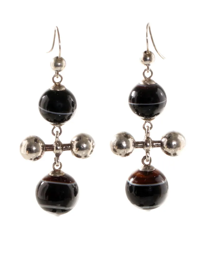 Earrings Victorian Era Sterling Banded Agate Ball Earrings Bell Bird Antiques