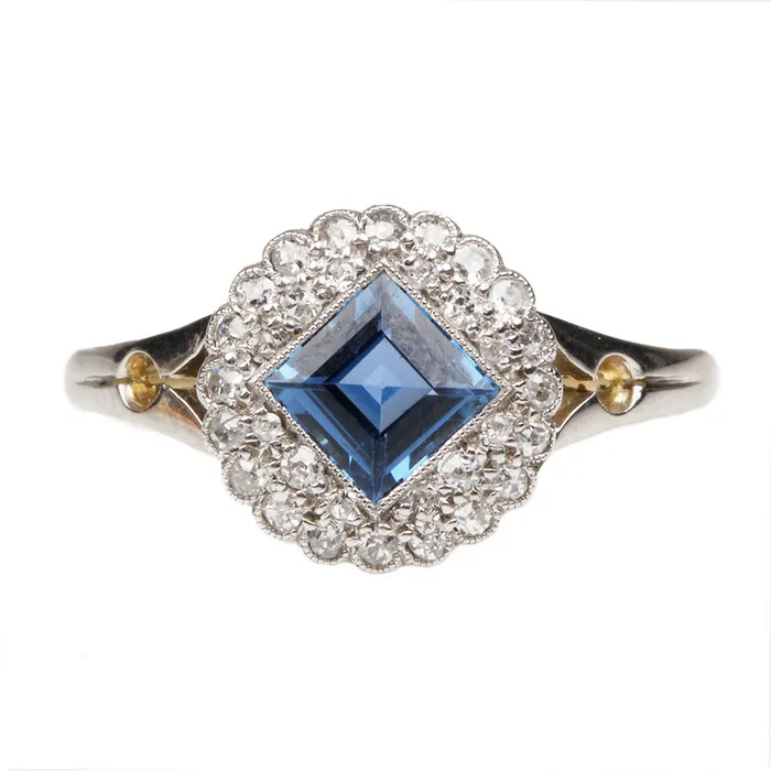 Edwardian Sapphire and Diamond Cluster Ring Bell Bird Antiques Rings