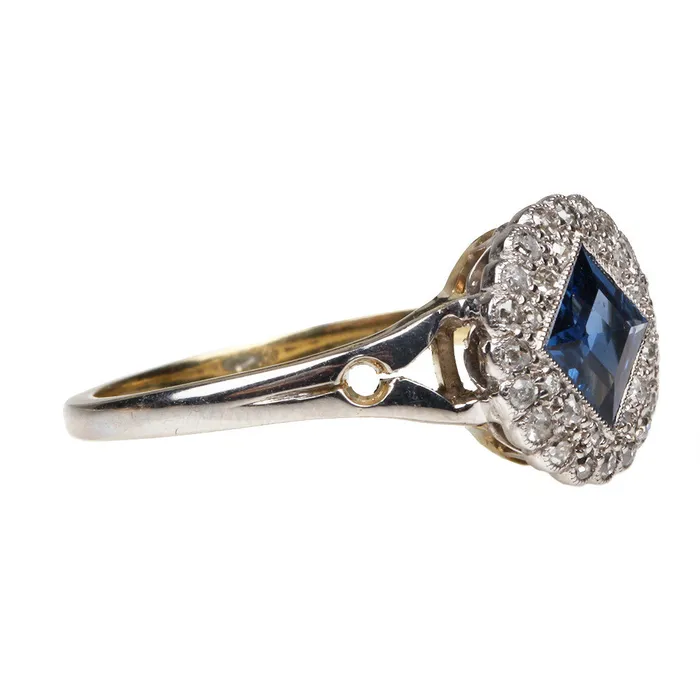 Edwardian Sapphire and Diamond Cluster Ring Bell Bird Antiques Rings