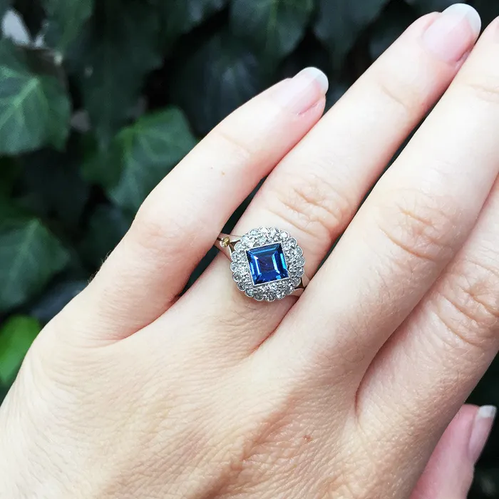 Edwardian Sapphire and Diamond Cluster Ring Bell Bird Antiques Rings