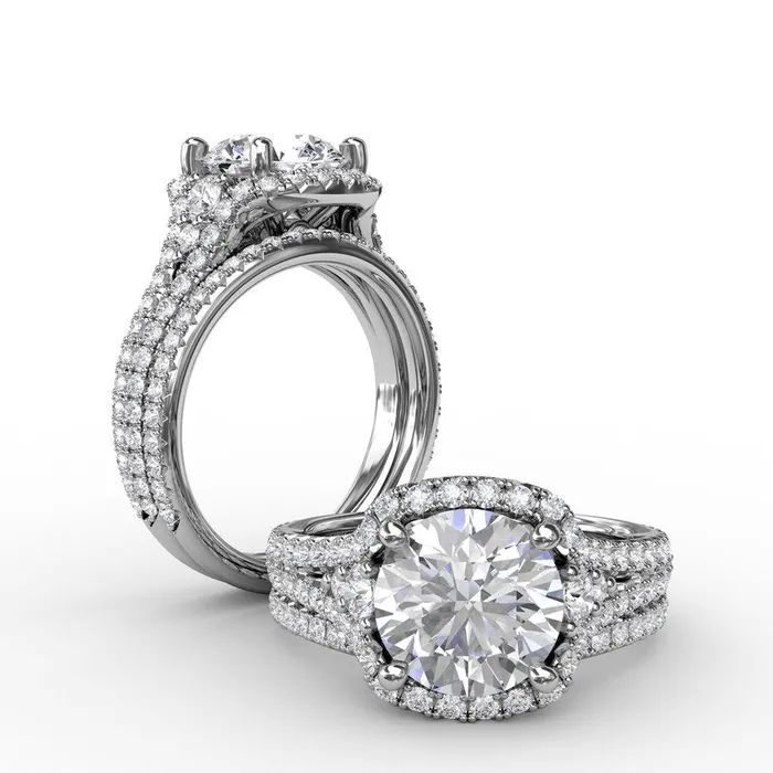 FANA Rings Cushion Halo Engagement Ring With Side Stones and DoubleRow Diamond Band FANA Rings Cushion Halo Engagement Ring With Side Stones and DoubleRow Diamond Band